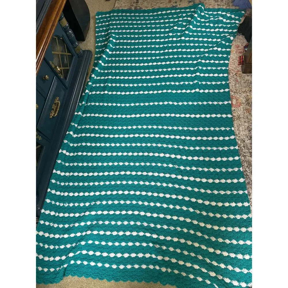 Handmade afghan crochet granny blanket teal turquoise and white stripe scalloped